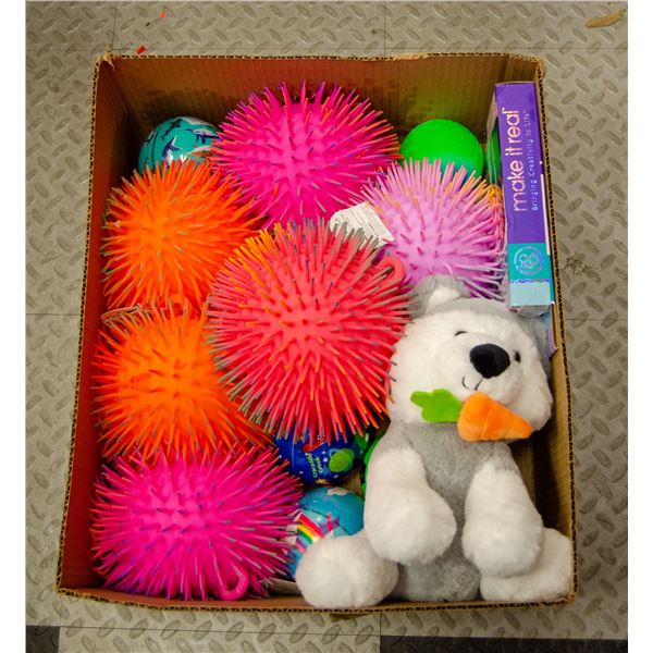 BOX WITH ASSORTED KIDS TOYS INCLUDING BALLS,