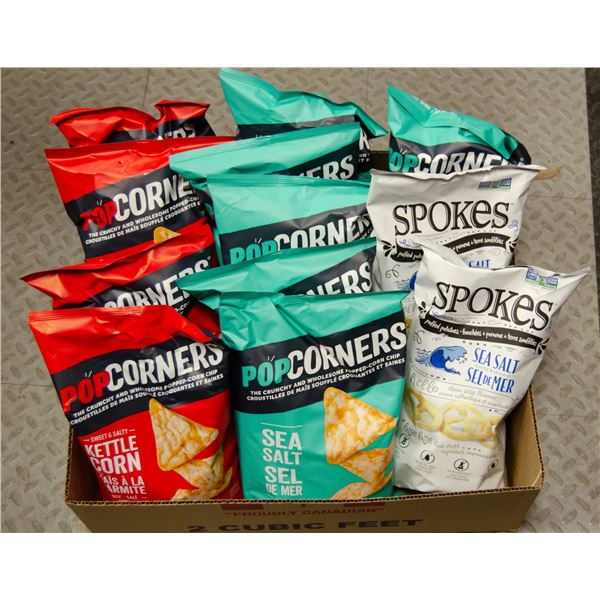 BOX LOT OF POPCORNERS & SPOKES CHIPS