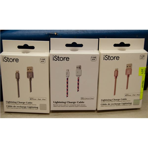 LOT OF 3 ISTORE LIGHTNING CHARGING CABLES
