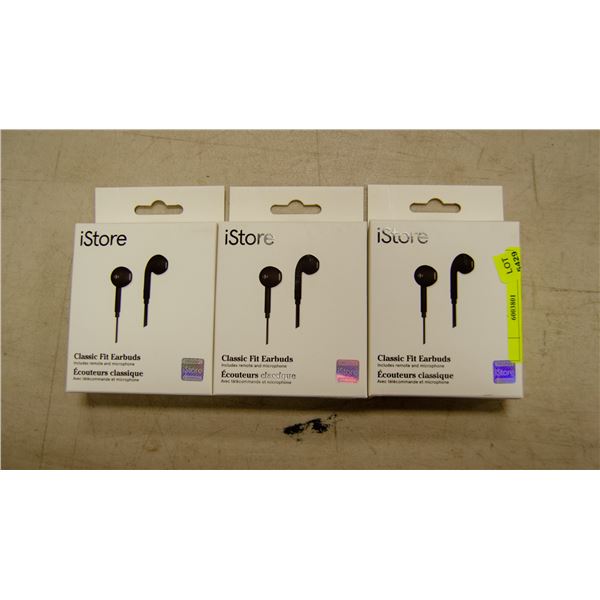LOT OF 3 ISTORE CLASSIC FIT EARBUDS BLACK