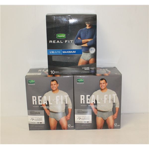 3 CASES OF DEPEND REAL-FIT L/XL UNDERWEAR