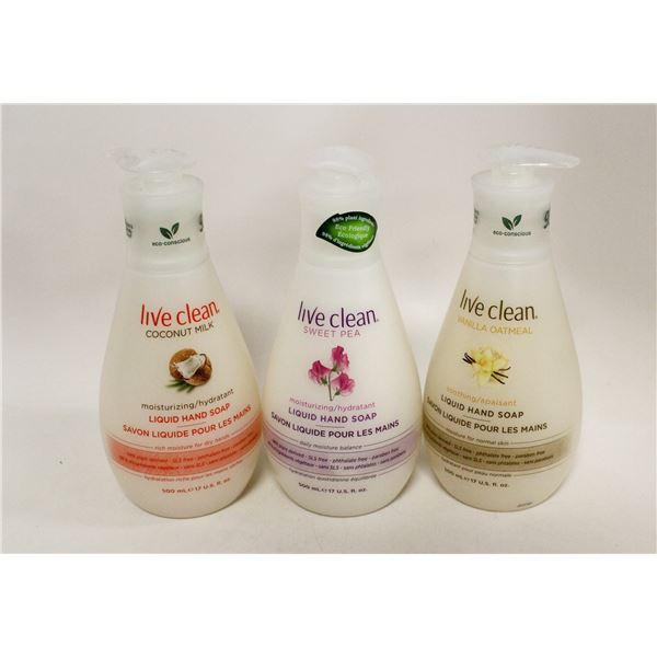 LOT OF 3 LIVE CLEAN ASSORTED HAND SOAPS