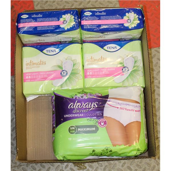 BOX LOT OF ASSORTED FEMININE LINERS & UNDERWEAR