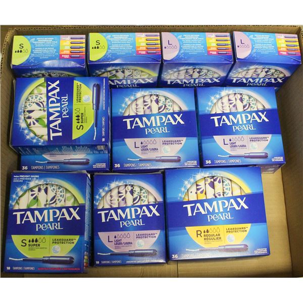 BOX OF ASSORTED TAMPAX PRODUCTS