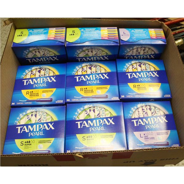 BOX OF ASSORTED TAMPAX PRODUCTS