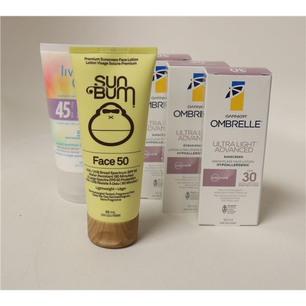 LOT OF 5 ASSORTED SUNSCREENS INCLUDING SUN BUM
