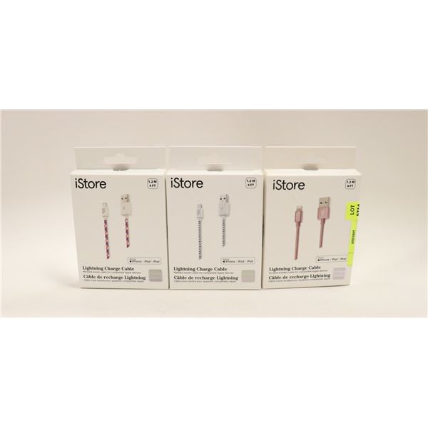 LOT OF 3 ISTORE LIGHTNING CHARGING CABLES