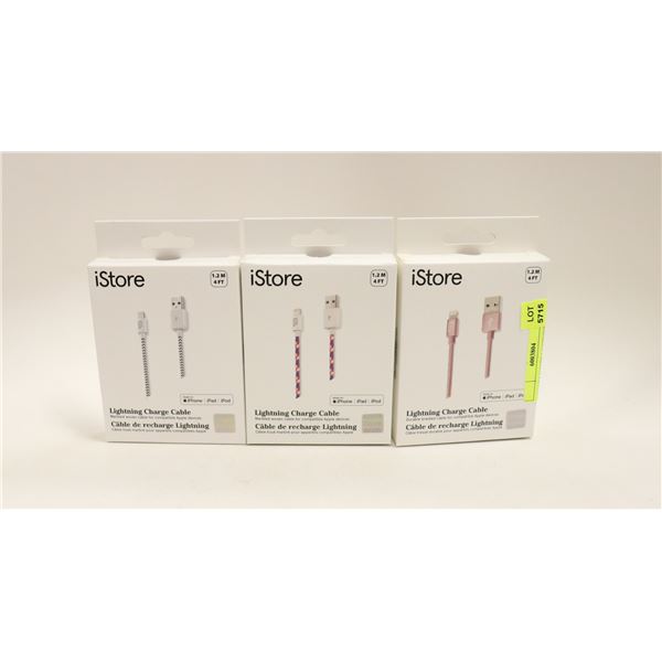 LOT OF 3 ISTORE LIGHTNING CHARGING CABLES