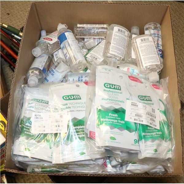 BOX FULL OF ASSORTED HAND SANITIZER & G.U.M FLOSS