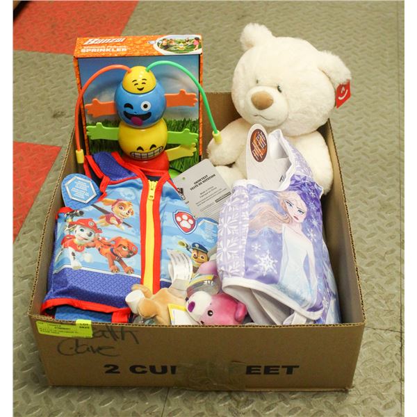 FLAT LOT OF CHILDRENS TOYS AND WATER VESTS