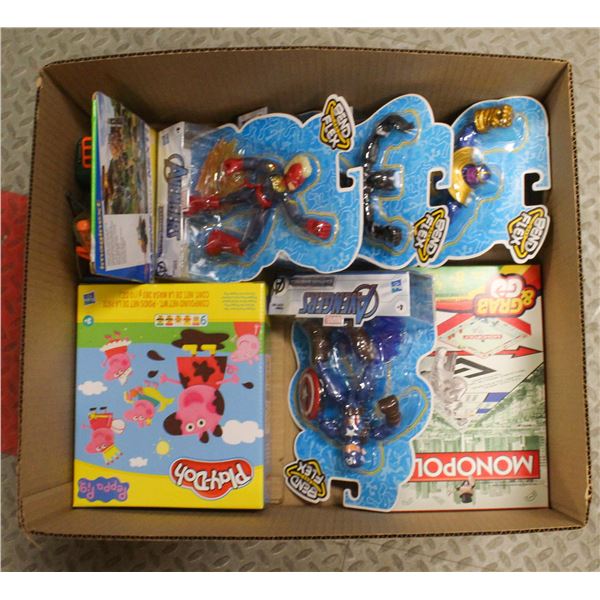FLAT OF ASSORTED TOYS & FIGURES INCLUDING MONOPOLY