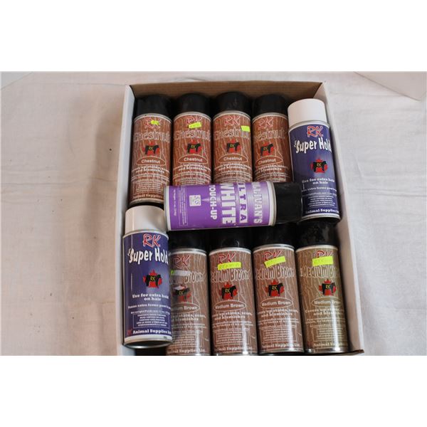 Chestnut (4), Medium Brown (4), Superhold (2), White (1) Cans of Livestock Spray