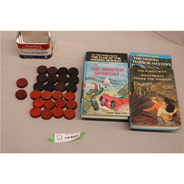 Hardy Boys Series Books + Wooden Checkers Pieces