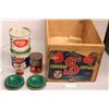 Image 1 : Vintage Apple Crate with various Tins (Honey, Tire repair, Macdonald)