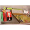 Image 2 : Tote with 1950's games - Little Squirt, Crib Board, Back Scratcher, Dominoes, Chinese Checkers