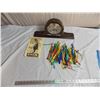 Gilbert Mantle Clock, Vintage Radio Ad Booklet, 75+ Assorted stir sticks + Plastic Toothpics