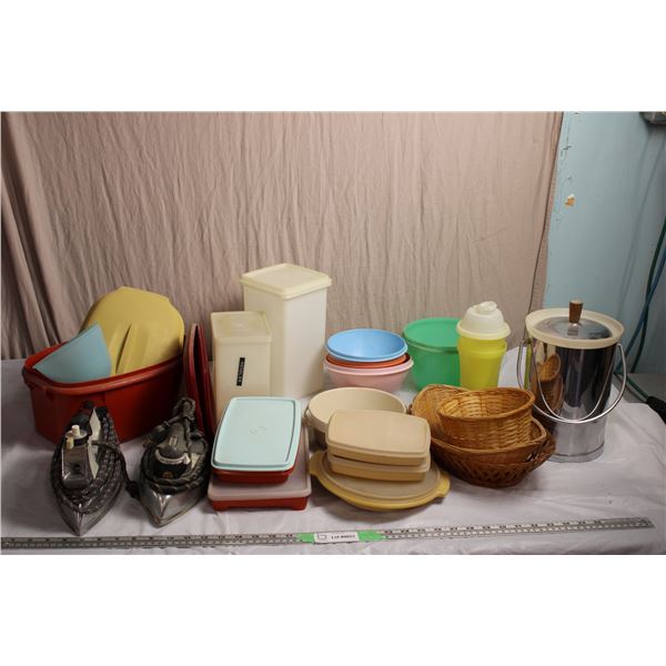 Large Lot of Tupperware Bowls, Containers, Ice Bucket, 2 Vintage Irons