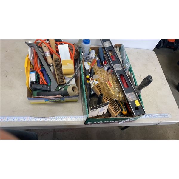 2 TRAYS OF TOOLS, WIRE BRUSHES, EXTENTION CORDS, OIL CAN