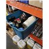 Image 1 : TOTE OF SHOP FLUIDS, SPRAY PAINT, ROLL OF TAPE