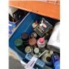 Image 2 : TOTE OF SHOP FLUIDS, SPRAY PAINT, ROLL OF TAPE