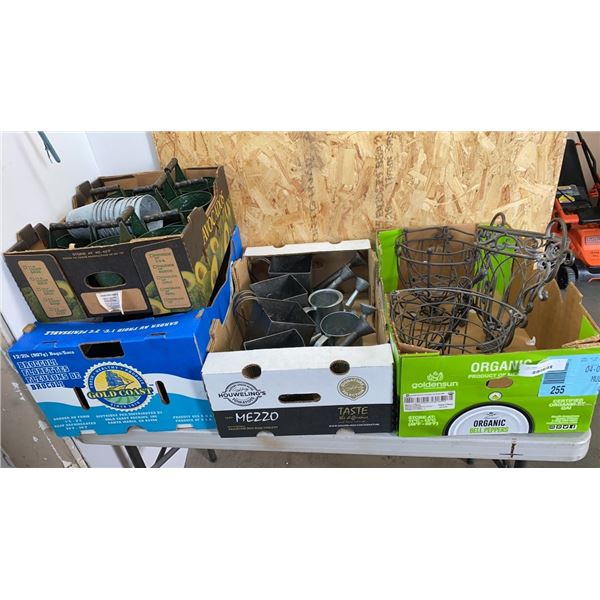 LOT OF WATERING CANS, METAL PLANTERS, WIRE PLANTER HOLDERS