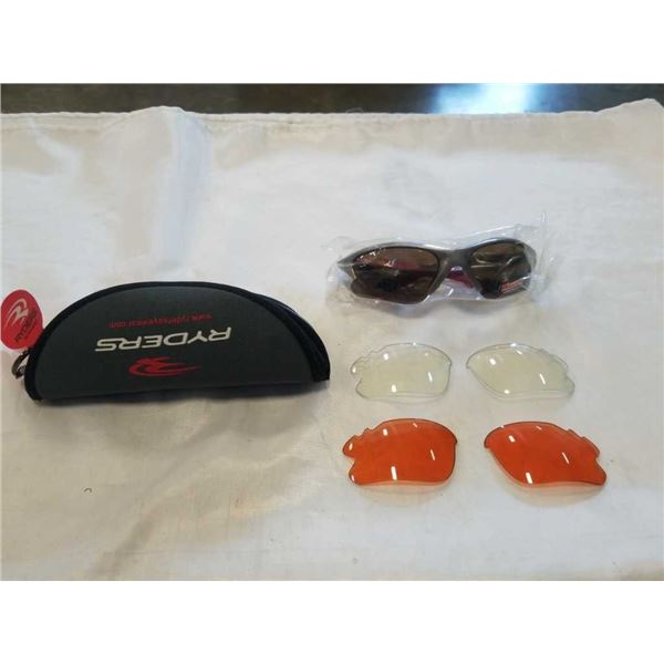 NEW RYDERS R136 RTX GREY AND RED SUNGLASSES WITH INTERCHANGEABLE LENSES AND CASE