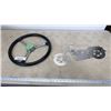 Image 1 : LEATHER WRAPPED STEERING WHEEL AND HARLEY DAVIDSON METAL ART