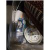 Image 8 : LOT OF SERVING TRAYS, SEWING BASKET WITH CONTENTS AND TRAY OF COLLECTABLES
