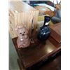 Image 1 : PURPLE GLASS VASE, HORN CARVED BIRD FIGURE AND BEAR COOKIE JAR