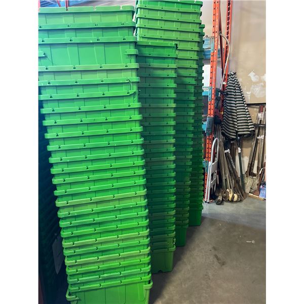 Large lot of stacking green totes, assorted conditions from good to poor, and some broken approx 100