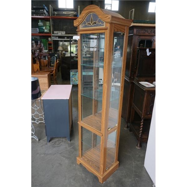 OAK FINISH GLASS DISPLAY CABINET WITH SIDE DOORS