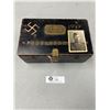 Image 1 : WWII German Soldiers Box with Nazi Podium Flag Cap Badge Photos Etc. All Authentic