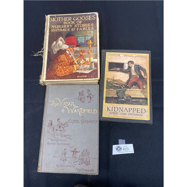 3 Old Books from 1920's and 1889 The Vicar of Wakefield, Mother Gooses and Kidnapped