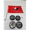 Image 1 : Lot of 4 Signed NHL Hockey Pucks Plus a Team Canada McDonald's Car Flag