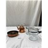 Image 1 : Vintage Kitchen Lot of Copper Teapot, Bowls and Pyrex Coffee Percalator