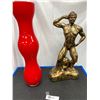 Image 1 : Vintage 19" Tall Woman Body Builder Statue + 19" H Red Vase