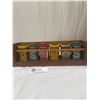 Image 2 : Vintage Wooden Spice Rack with Tins and Old Rollerblades