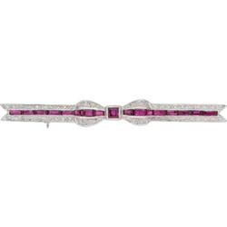 Ruby, Diamond, White Gold Bar Brooch