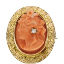 Coral, Diamond, Gold Brooch