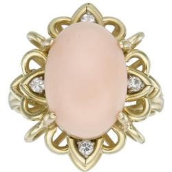 Coral, Diamond, Gold Ring