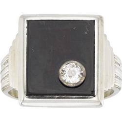 Art Deco Black Onyx, Diamond, White Gold Ring