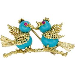 Turquoise, Ruby, Gold Bird Brooch