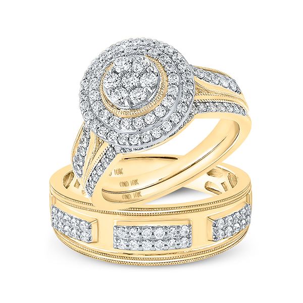 Diamond Cluster Matching Wedding Set 1-1/4 Cttw 10KT Yellow Gold