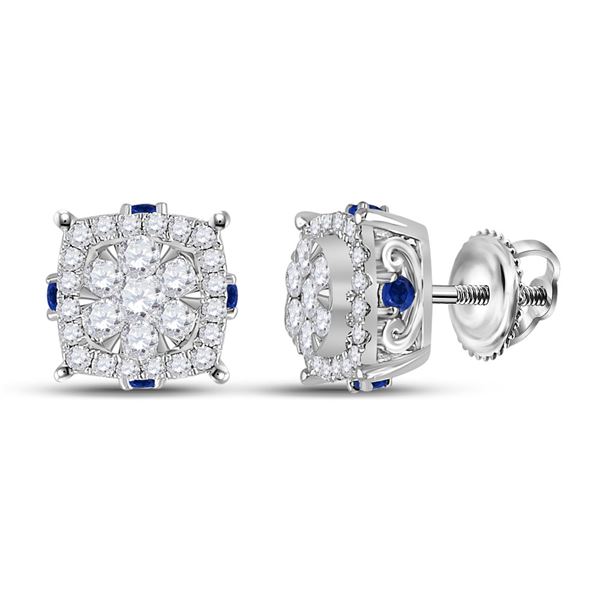 Round Diamond Blue Sapphire Cluster Earrings 5/8 Cttw 14KT White Gold