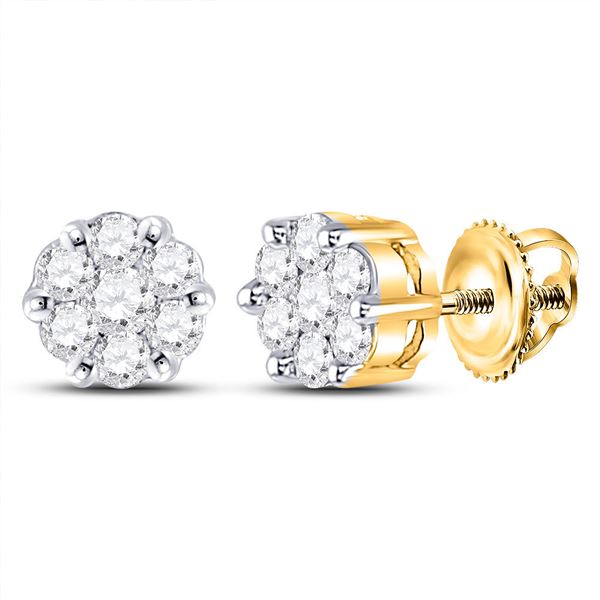 Round Diamond Flower Cluster Earrings 1/4 Cttw 14KT Yellow Gold