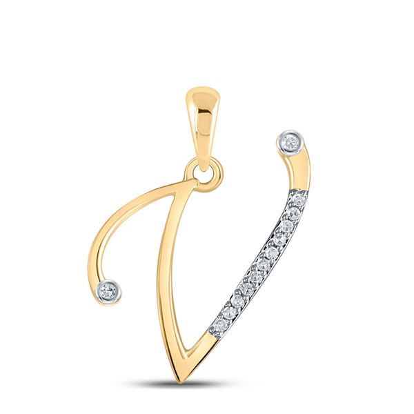 Round Diamond V Initial Letter Pendant 1/20 Cttw 10KT Yellow Gold