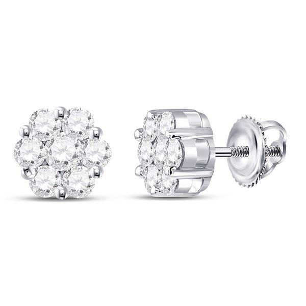 Round Diamond Flower Cluster Earrings 1 Cttw 14KT White Gold