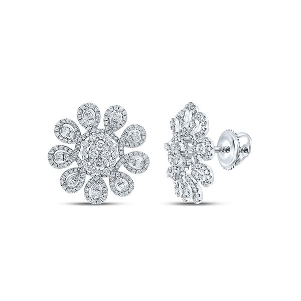 Round Diamond Starburst Cluster Earrings 1-7/8 Cttw 14KT White Gold