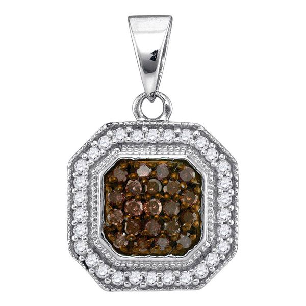 Round Brown Diamond Octagon Cluster Pendant 1/3 Cttw 10KT White Gold