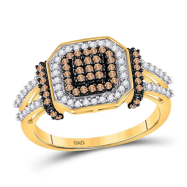 Round Brown Diamond Square Cluster Ring 1/2 Cttw 10KT Yellow Gold